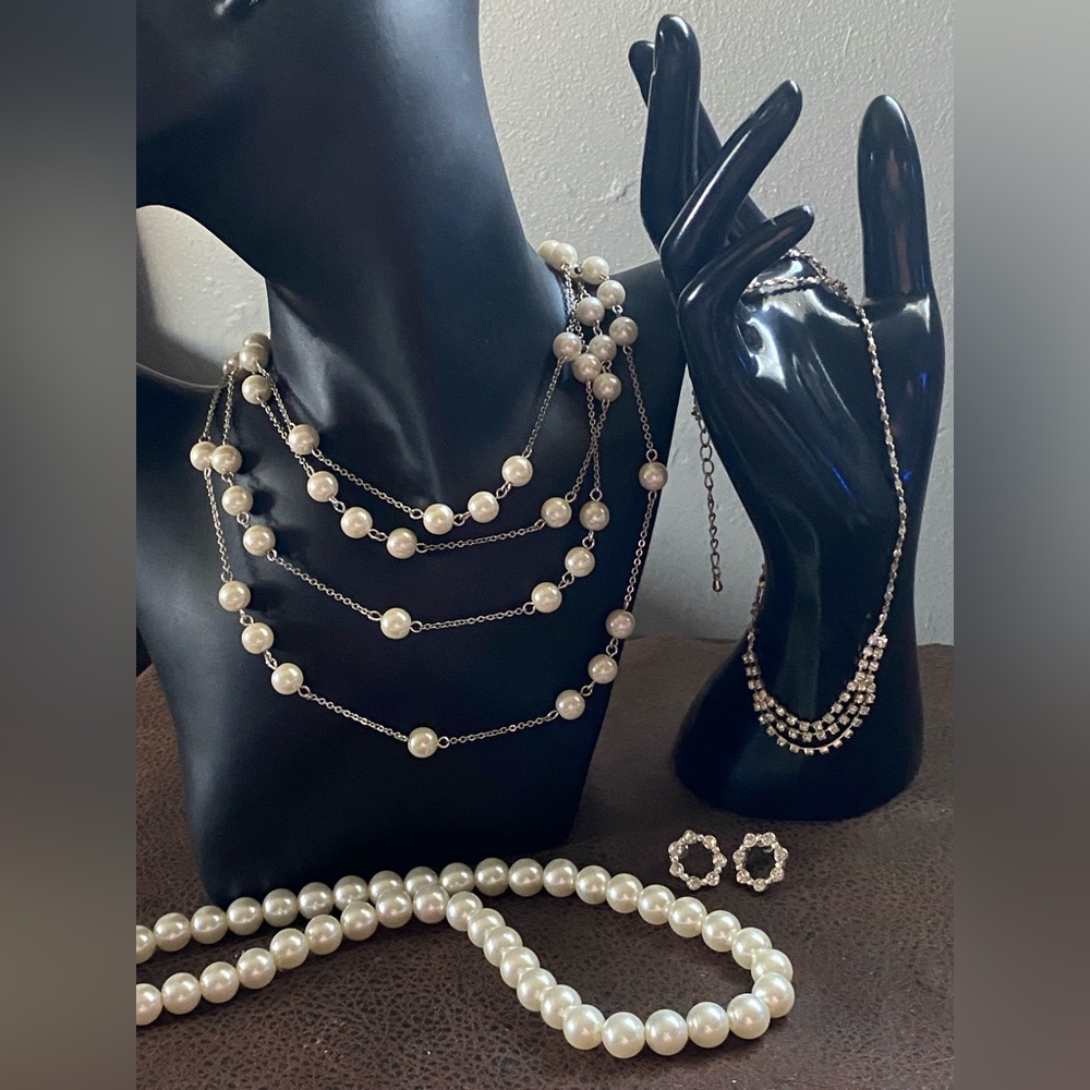 Rhinestones, Silver-tone, Faux Ivory Pearl (3) Necklaces and  Earring Set